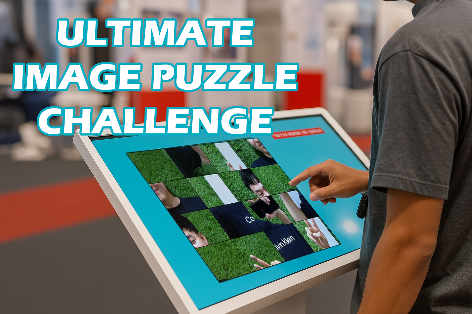 Guest solving a scrambled photo puzzle on a touchscreen at an event. Interactive image puzzle game rental for exhibitions, corporate events, and activations in Dubai.